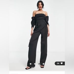 ASOS DESIGN ruched bardot scuba jumpsuit in black